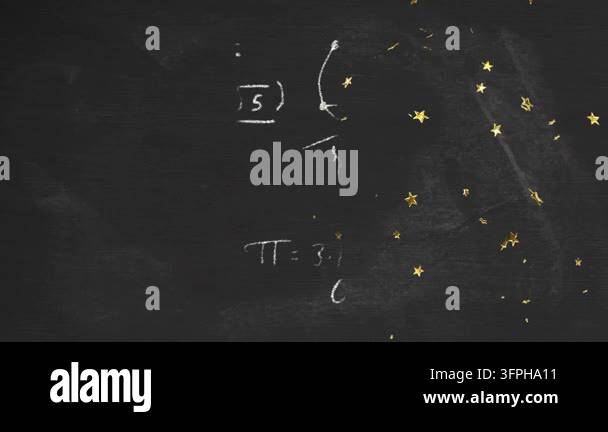 Gold stars flowing from right edge and showering chalkboard math ...