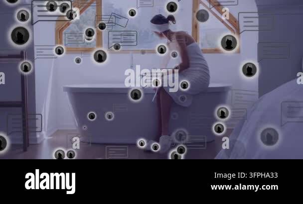 Digital notification icons drifting in, woman leaning toward faucet and ...