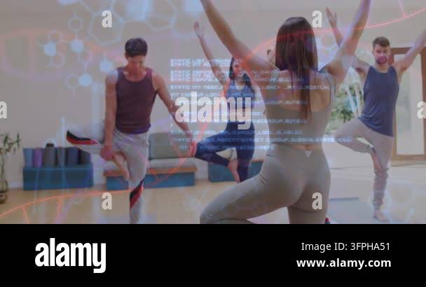 Overlay Html Over Video Fitness coach raising arms leading balance pose, class correcting, hex ...