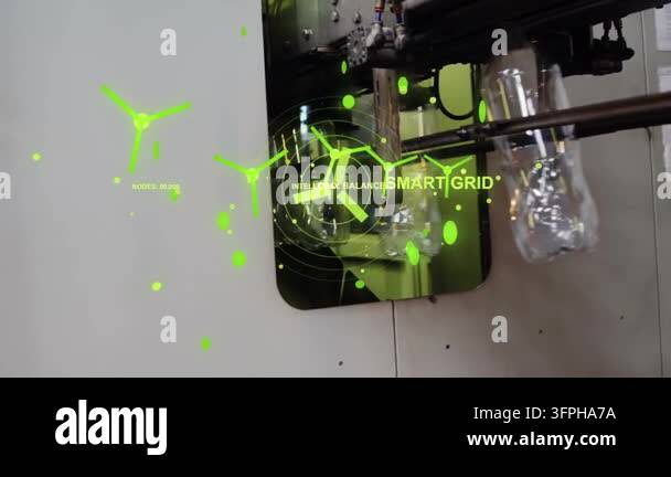 Rod assembly advancing moving bottles while green AR turbine rotating ...