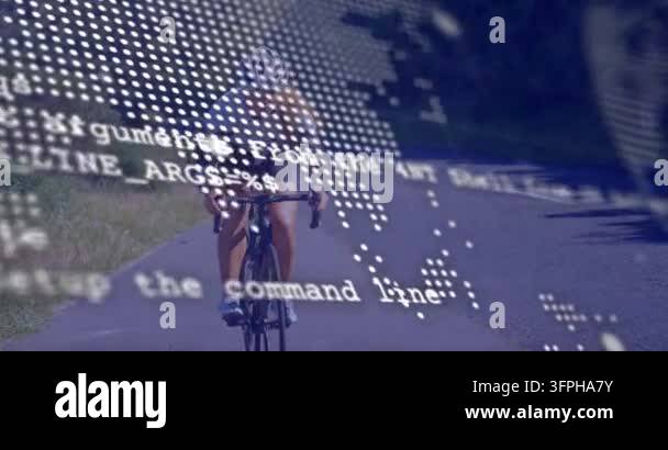 Vector For Riders Female cyclist pedaling road, camera following, tech map overlay ...