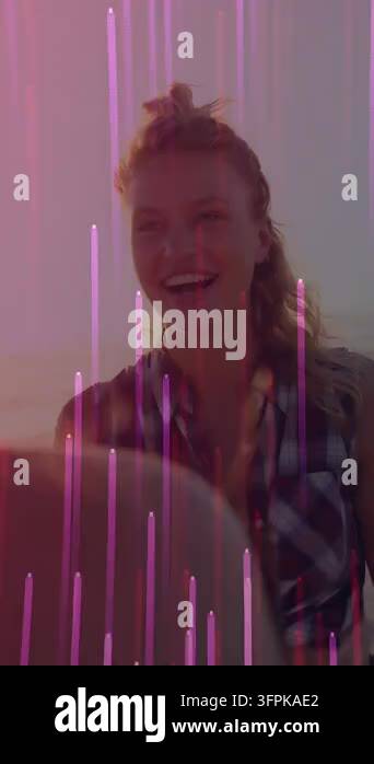 Vertical video: Woman reaching beer, making magenta overlay while group ...