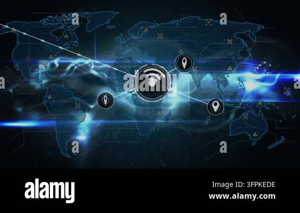 Animation of data processing and world map over network of connections ...