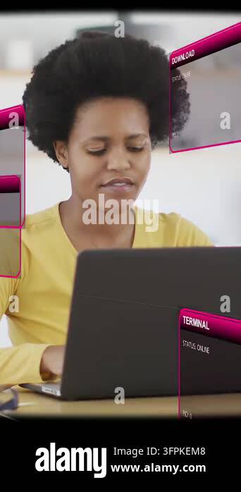 Vertical video: Woman typing on laptop at desk, activating magenta ...