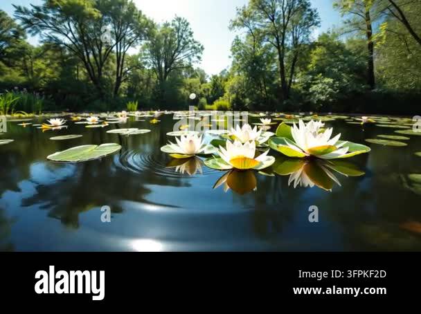 Water Tree Water lilies blooming floating on tranquil pond water reflecting green ...