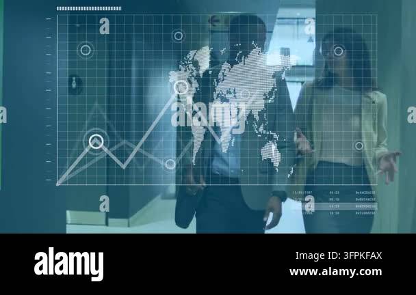Business pair walking corridor movement initiating world map overlay ...