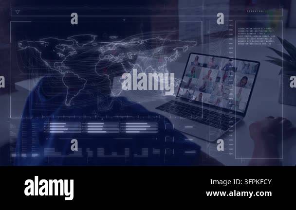 Seated man using pad, causing HUD map and bars on laptop grid tracking ...
