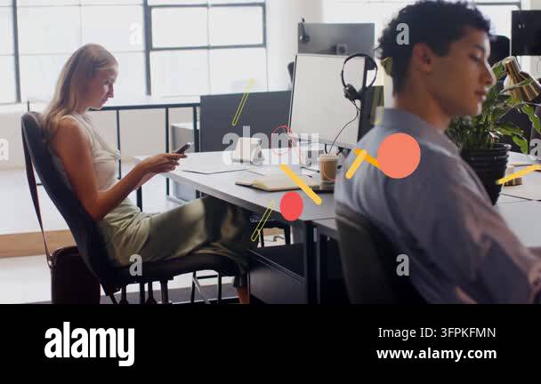 Woman at desk placing phone aside, opening tablet in office, animated ...
