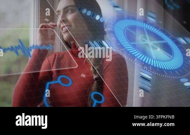 Woman raising hand to ear by window, initiating blue HUD and waveform ...