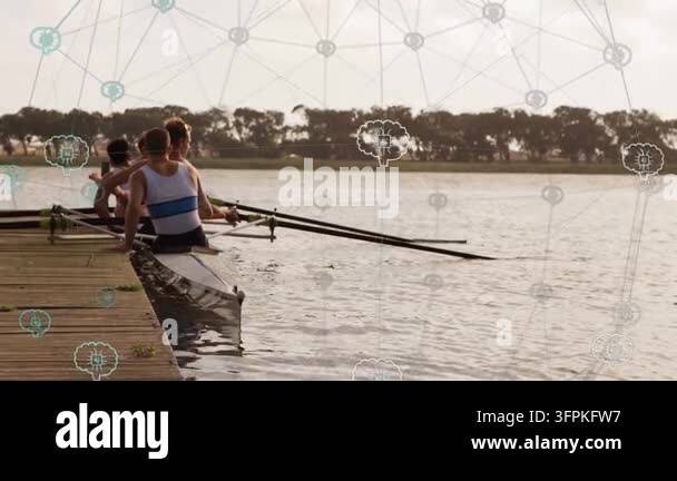 Shell Watervraft Four rowers releasing dock pushing shell rowing toward water with ...