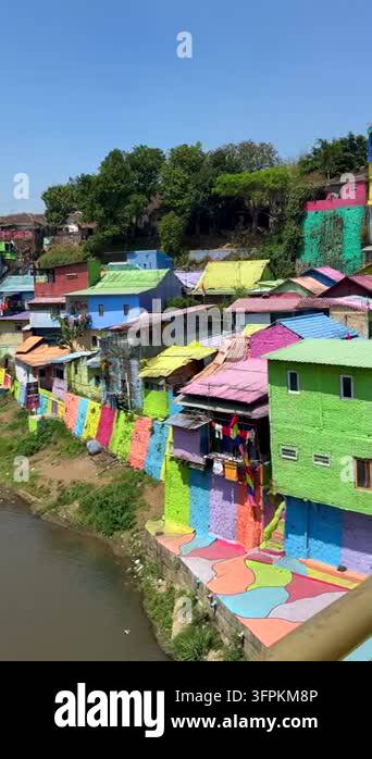 Java Touristic Map Moving view along a colorful pedestrian bridge surrounded by vibrant ...