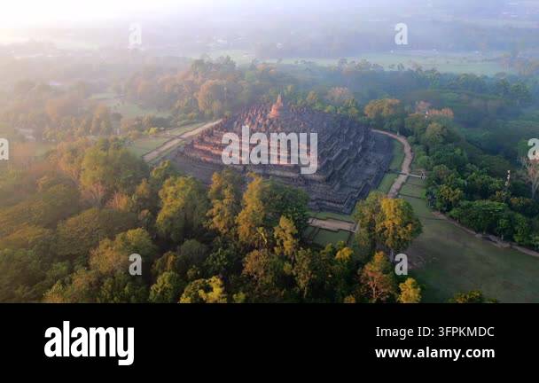 Java Touristic Map Aerial view of Borobudur Temple at sunrise in Central Java, Indonesia ...