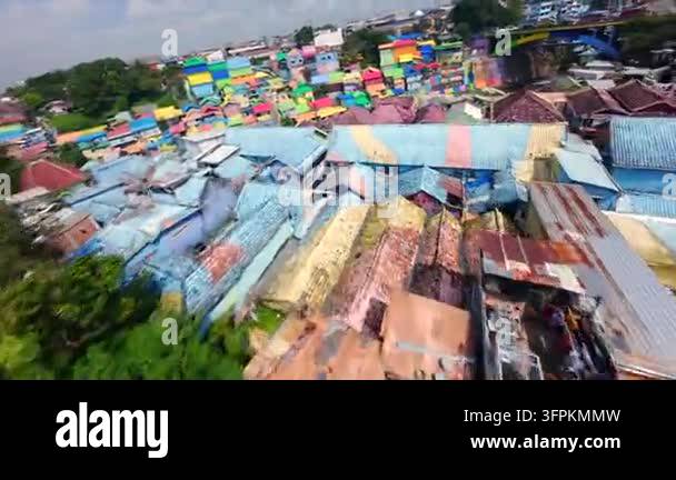 Java Traks Dynamic FPV drone flight over railway tracks and colorful houses of ...