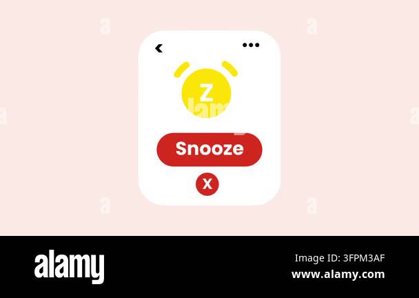 A peach alarm card features a yellow clock icon with a red snooze ...