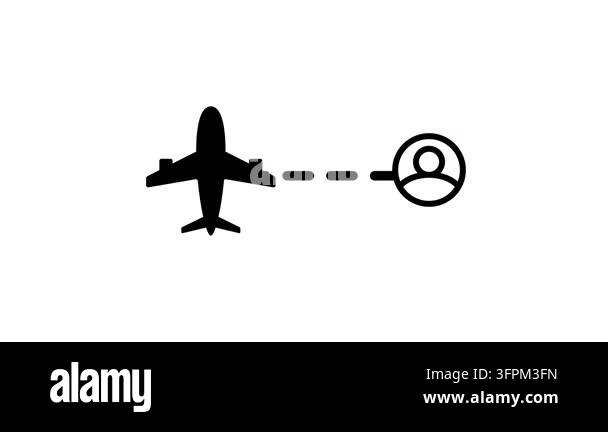 Black icon of an airplane followed by a dashed line leading to a user ...
