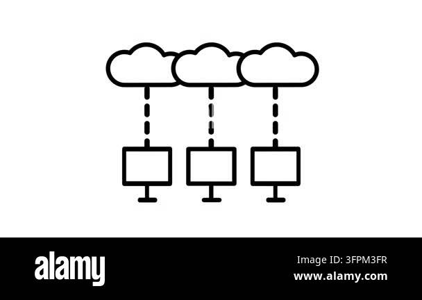 Black line icon of three clouds connected by dashed lines to separate ...