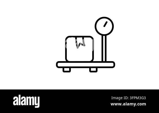 Black line icon of a cardboard parcel on a weighing scale with a dial ...