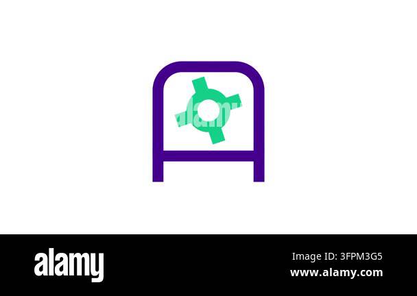Hotel safe box icon with a green dial wheel handle in a purple outline ...