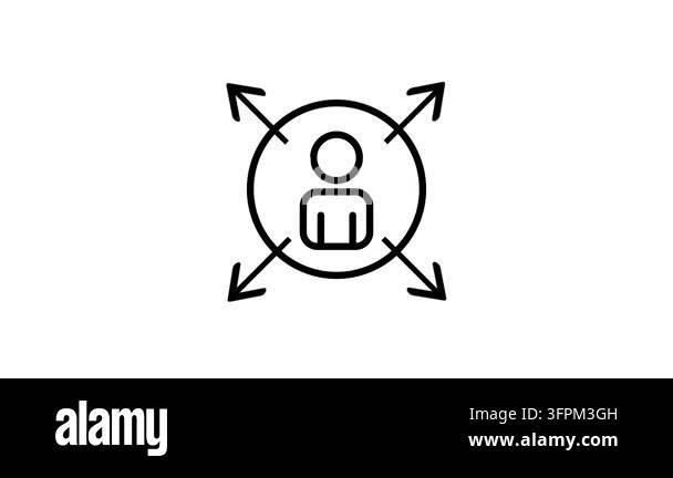 Simple line icon of a user inside a circle with four diagonal arrows ...