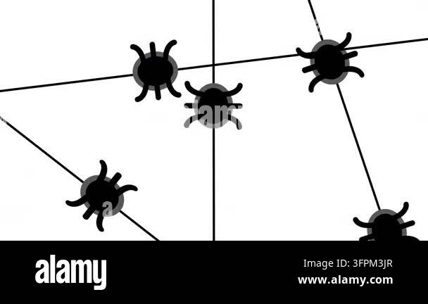 Pattern of black bug icons connected by thin network lines on white ...