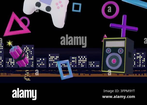 Neon gaming icons emerging from top, drifting and rotating across ...