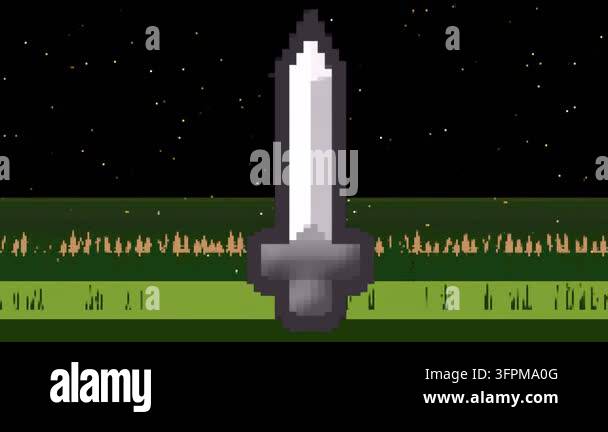 Looping pixel-art sword centered, shimmering while grass and stars ...