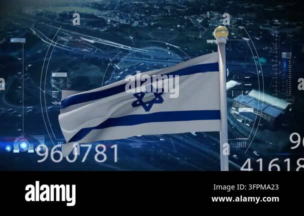 Overlay Html Over Video Moderate wind starting flag waving over cityscape as HUD rings and ...