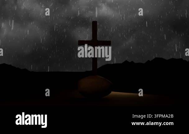 A Fallen Rook Low cloud releasing rain, raindrops falling past wooden cross while ...