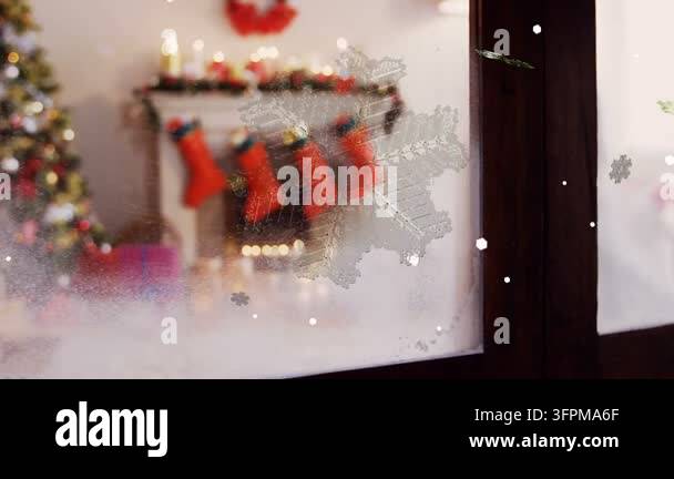 Window Forst Camera panning, frost lifting on window, mantel revealing stockings and ...
