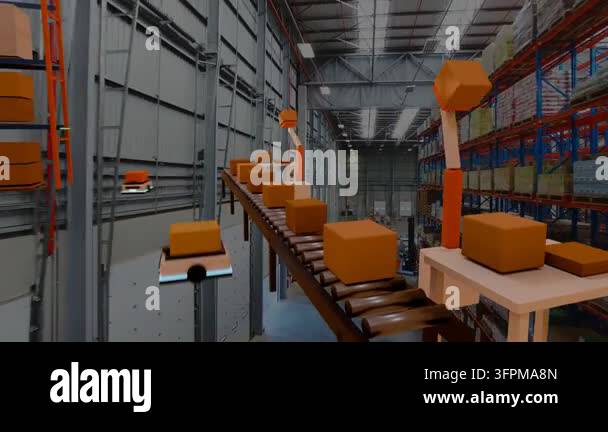 Overhead Railing Conveyor moving, robot arms lifting boxes to upper rail, units storing ...