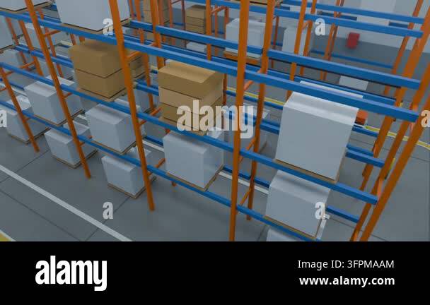 Starting camera tracking pallet racking in warehouse, AGVs following ...