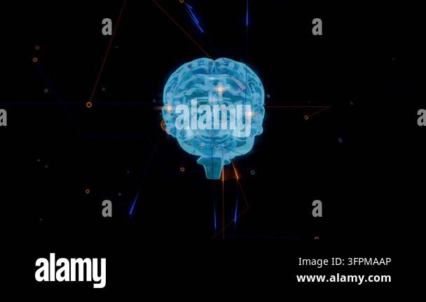 Responding to left curved blue stream, cyan 3D brain model in void ...