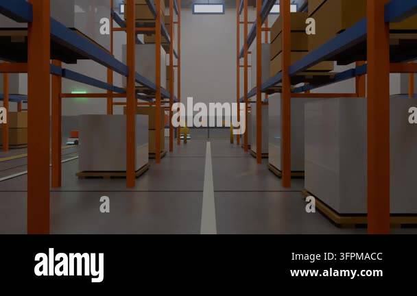 Storage Box Or Racks Moving camera revealing central storage aisle with orange racks, AGV ...