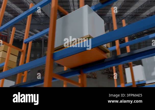 Storage Box Or Racks Camera orbiting rack white pallet staying still while brown box passing ...