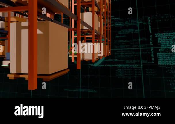 Moveable Isle Racks Camera moving forward, orange racks revealing AMRs navigating glowing ...