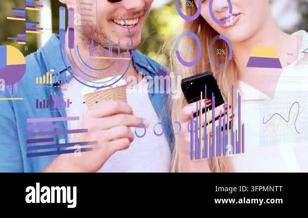 Man pointing phone while woman tapping screen sparking animated ...