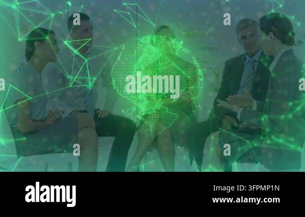 Collaborative Talk Team talking business and gesturing while green globe appearing ...