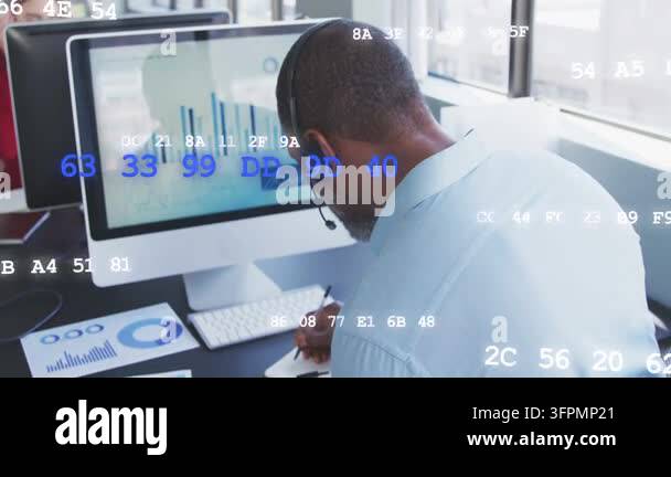 Analyst viewing business bar or circular charts, writing notes ...