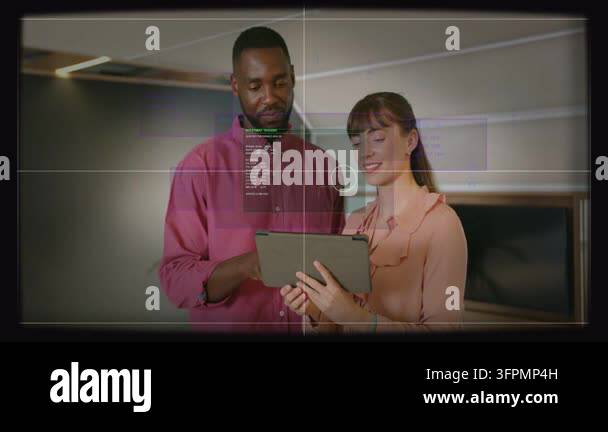 Man tapping tablet, woman holding tablet, reviewing content as tech UI ...