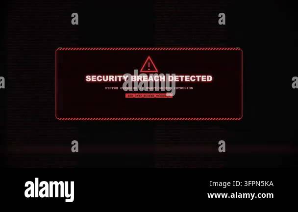 Slitching Screen Red security breach detected warning alert with glitch effect on dark ...