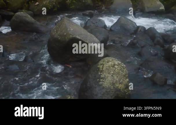 The Isle Rocks Mountain stream flows rapidly around large rocks covered in moss within ...
