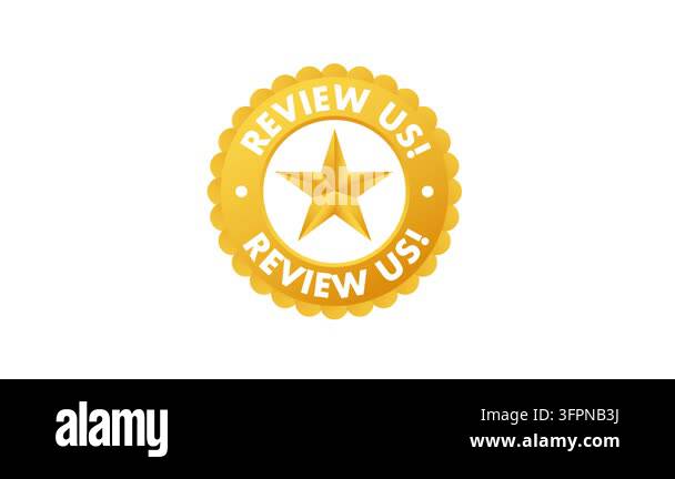 Animated gold star medal icon with review us text isolated on white and ...