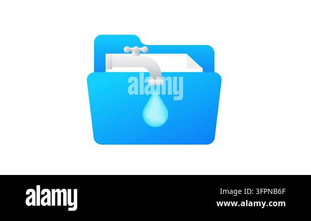 Animated icon showing a faucet leaking a water drop from a data folder ...