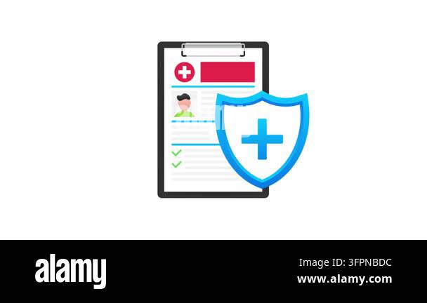 Medical insurance form and shield icon animation on white and green ...