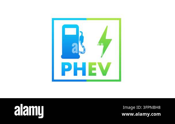 Animated PHEV icon with fuel pump and electricity symbols on white and ...