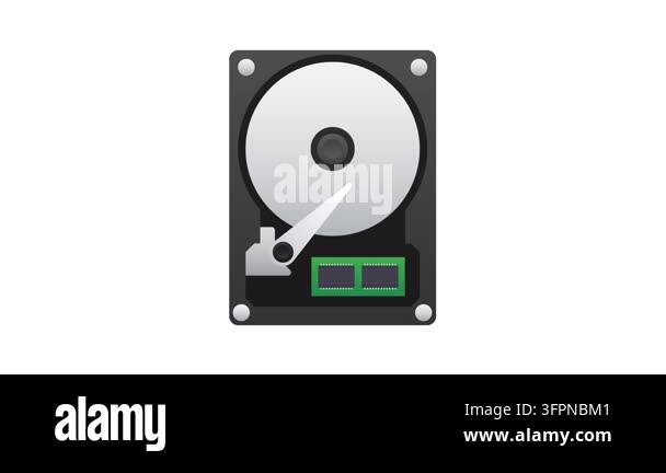 Animated hard disk drive icon reading and writing data on white and ...