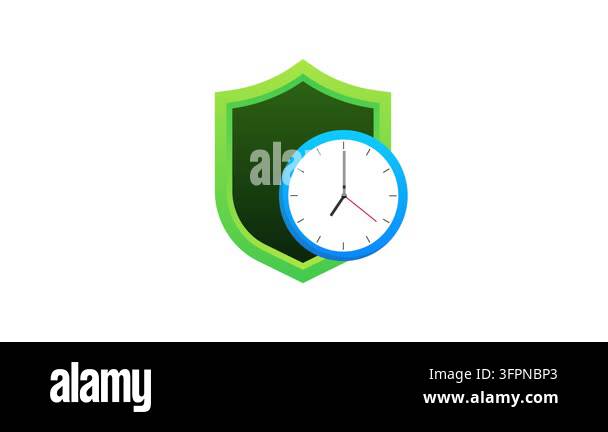 Shield with a clock icon symbolizing real time protection on white and ...