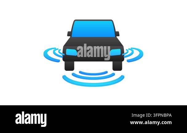 Self driving car icon with waves sensing the road on white and green ...