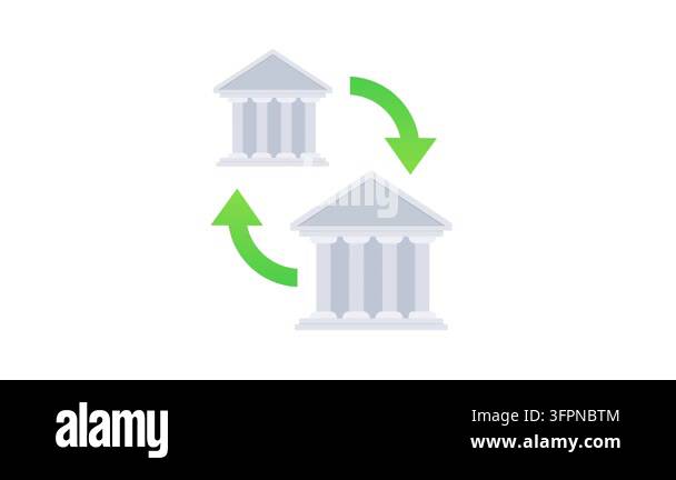 Animated bank icons showing a transaction or money exchange cycle ...