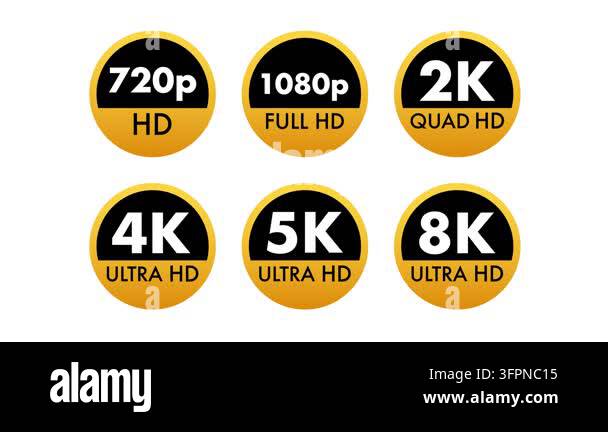Different video resolution quality icons animating on white background ...